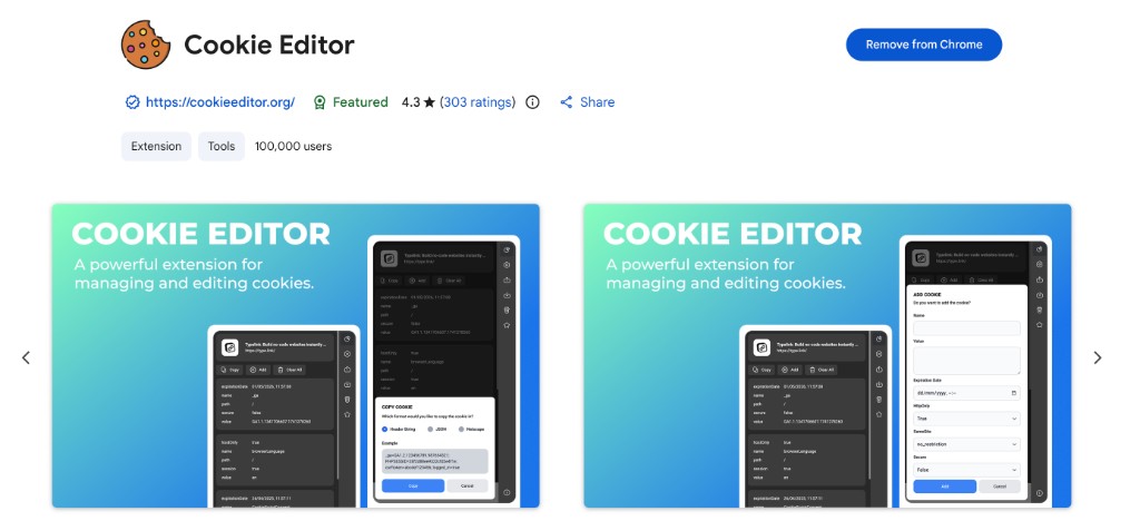 Cookie Editor on the Chrome Web Store — install page with extension details and Add to Chrome button