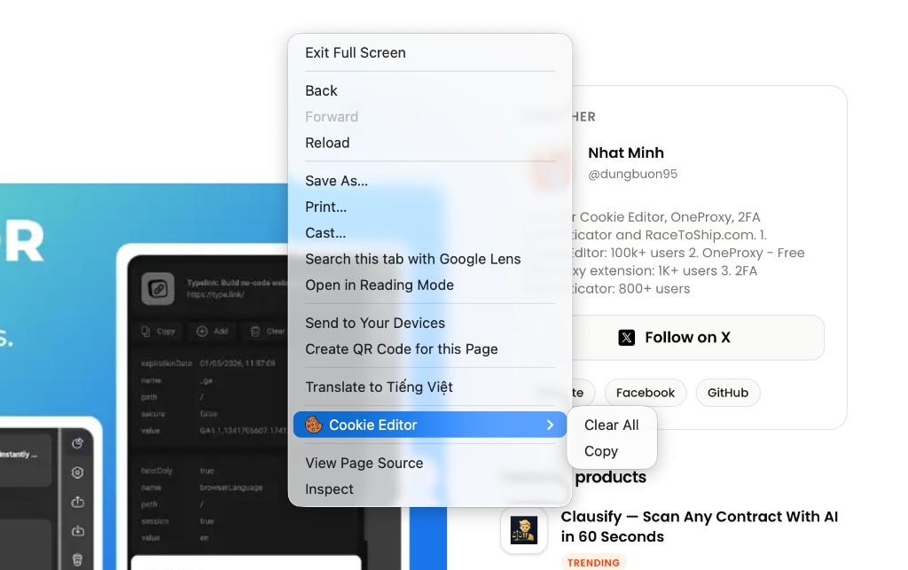 Right-click context menu — Cookie Editor Remove / Copy items