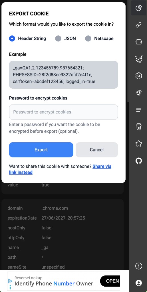 EXPORT COOKIE modal — choose Header string / JSON / Netscape, preview example, and optional encrypt password