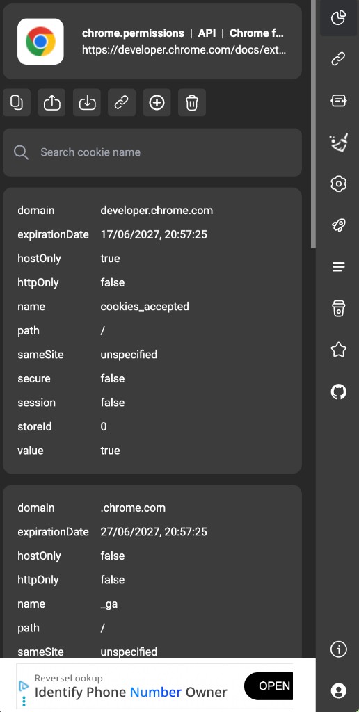 Side panel UI — page title, toolbar (Copy, Export, Import, Share, Add, Delete), and cookie list
