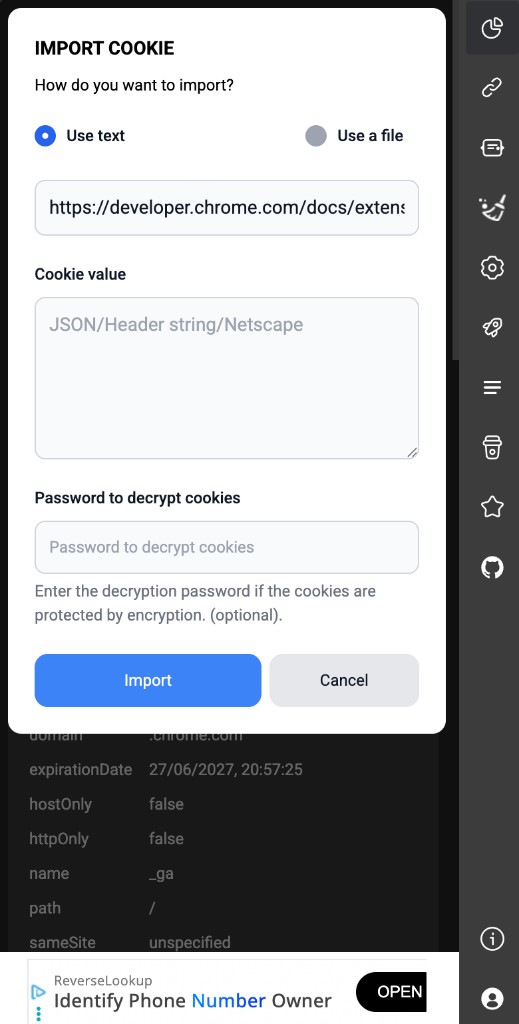 IMPORT COOKIE modal — choose Use text / Use a file, enter URL, paste cookies, and optional decrypt password