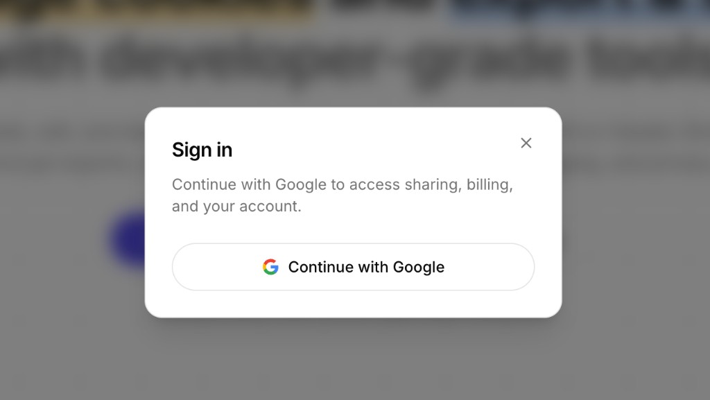 Sign in popup on cookieeditor.org — Continue with Google to access sharing, billing, and your account