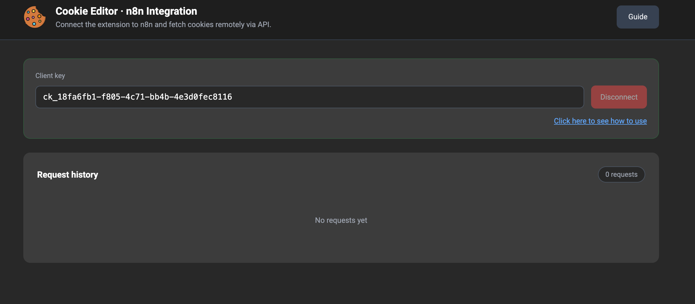 Connected n8n tab — client_key displayed, Disconnect and View usage buttons