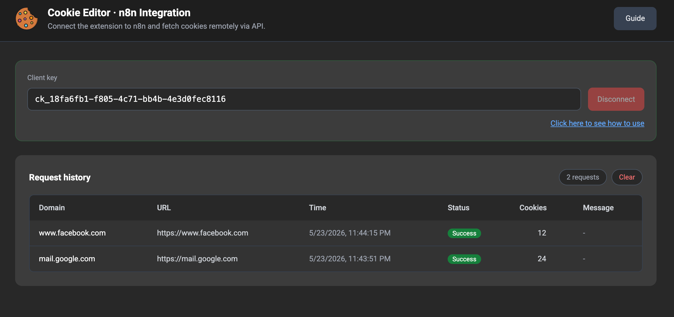 Request history table in the n8n tab — domain, url, status, cookie count