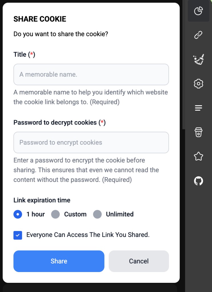 SHARE COOKIE modal — title, password, expiration, public checkbox, and Share button