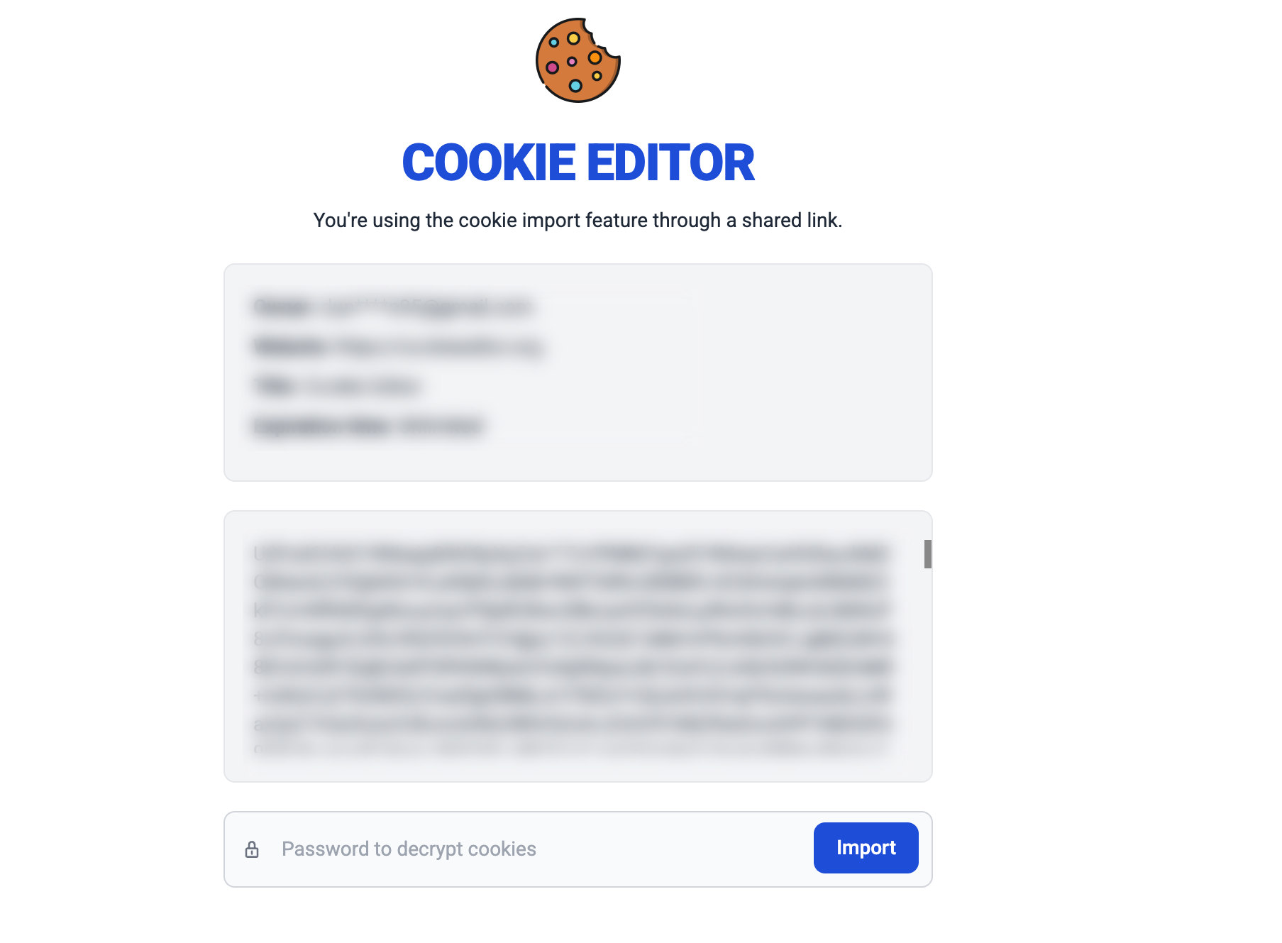 Share link import page — title, domain, expiry, and password field